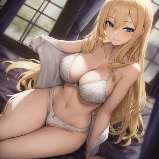 Semi-long hair, Long hair, Wavy hair, Large breasts, Nipples, Bra, Masterpiece, Seductive smile, Underwear